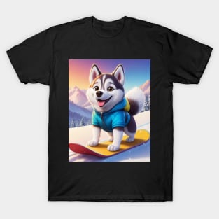 Cute Husky Dog on Snowboard T-Shirt